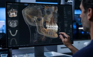 مراحل ایمپلنت دندان از مشاوره تا نصب روکش (راهنمای تصویری) 2 تصویربرداری CBCT دندانپزشکی برای شبیهسازی استخوان فک بیمار قبل از جراحی ایمپلنت.